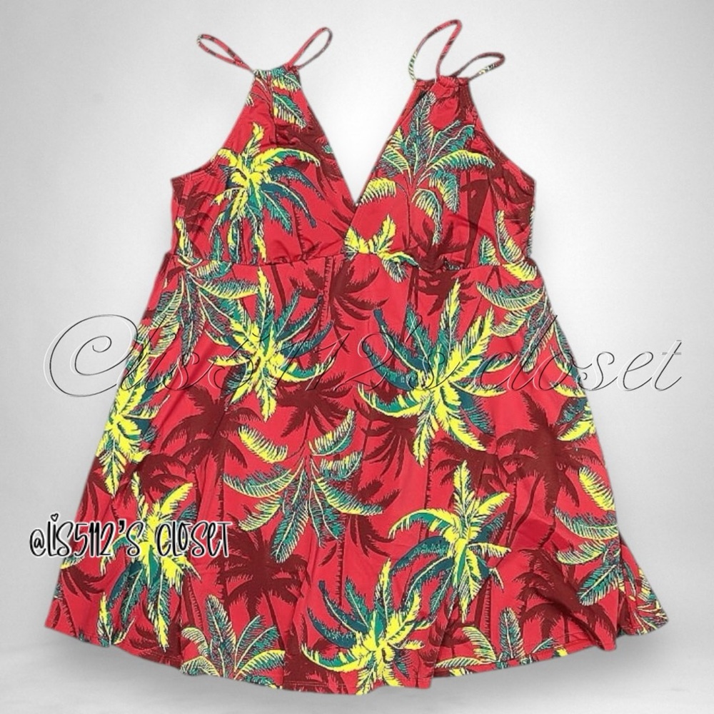 Torrid Red Tropical Shadow Retro Wireless Plunge Swim Dress Swimsuit 1X 14 16 - Picture 3 of 14